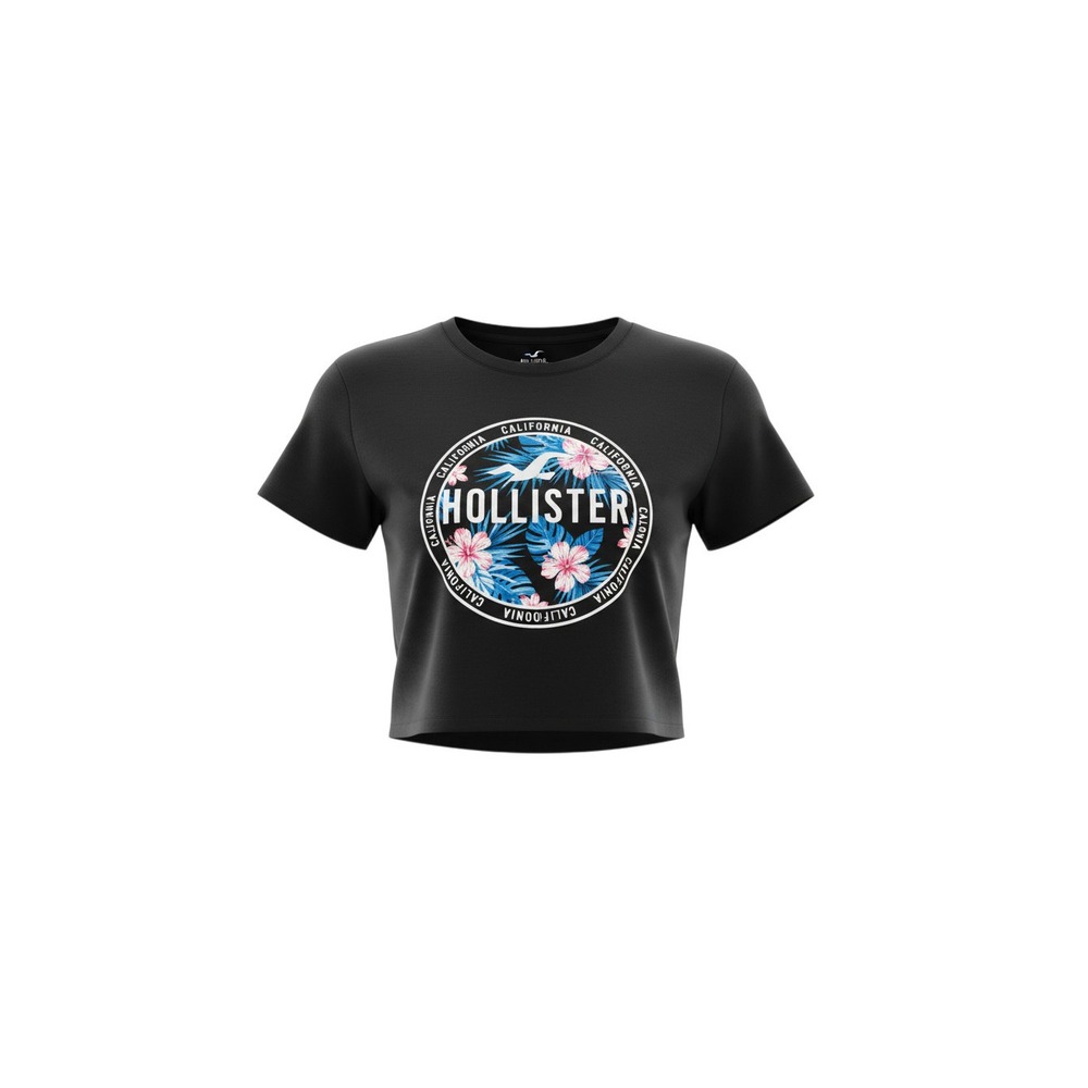 Hollister Graphic Tee Womens Large Black Floral California Crop Top Short Sleeve